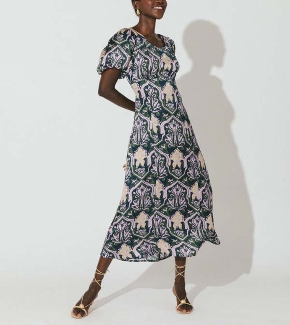 Cleobella Abilene Green Navy Print Bubble Puff Sleeve Empire Midi Dress Size S